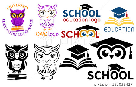 owl education logo for university college school and your business or company set logotype cartoon stock color and black and white vector illustration 133038427