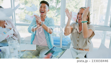 Documents, celebration or business people in a meeting, achievement or investment with sales target in workplace. Winning, group or manager with employees, applause or paperwork with bonus or support Documents, celebration or business people in a meeting, achievement or investment with sales target in workplace. Winning, group or manager with employees, applause or paperwork with bonus or support 133038446