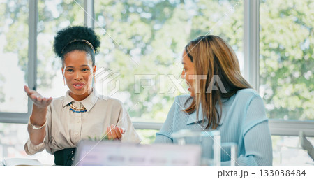 Communication, networking or business people in meeting with laptop for analytics, planning or project management in office. Research, paper or collaboration on tech for teamwork, strategy or review Communication, networking or business people in meeting with laptop for analytics, planning or project management in office. Research, paper or collaboration on tech for teamwork, strategy or review 133038484