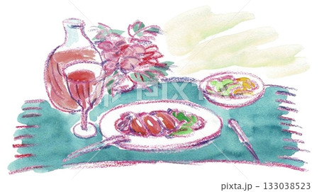 食事と花のある風景 手描きイラスト 食事と花のある風景 手描きイラスト 133038523