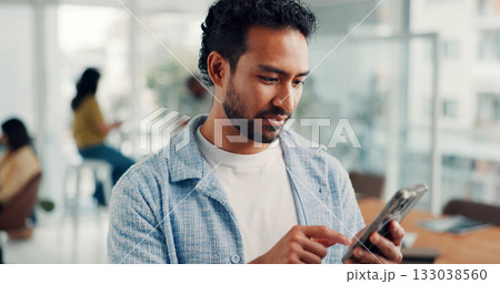 Business, cellphone and man in office, internet and sales agency with connection. Person, employee and consultant in workplace, smartphone and subscription for company website, social media and email Business, cellphone and man in office, internet and sales agency with connection. Person, employee and consultant in workplace, smartphone and subscription for company website, social media and email 133038560