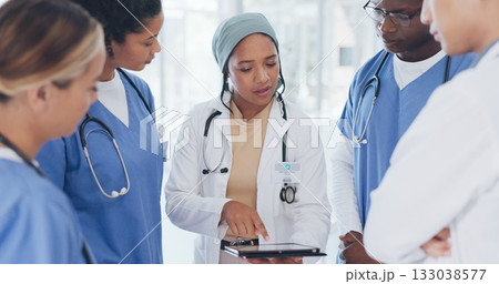Doctor, people and tablet in meeting, research or planning in team collaboration for surgery at hospital. Woman, medical or healthcare professional in teamwork, plan or strategy together at clinic Doctor, people and tablet in meeting, research or planning in team collaboration for surgery at hospital. Woman, medical or healthcare professional in teamwork, plan or strategy together at clinic 133038577