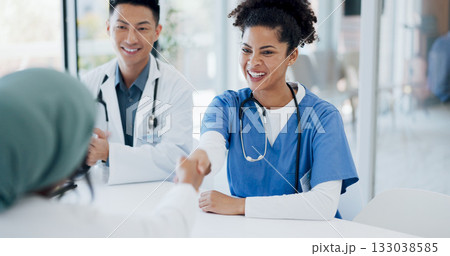 People, doctor and handshake in meeting, consultation or hiring for onboarding or introduction at hospital. Happy woman, medical or healthcare nurse shaking hands in deal, agreement or interview 133038585