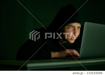 Indian woman, hacker and mockup of banking and database web fraud with crypto data. Programmer, criminal and finance software hack with a hacking expert writing algorithm for cybercrime virus Indian woman, hacker and mockup of banking and database web fraud with crypto data. Programmer, criminal and finance software hack with a hacking expert writing algorithm for cybercrime virus 133038896