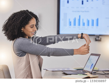 Corporate black woman, table or stretching arms at meeting for finance, budget or accounting presentation. Girl, business health and happy with exercise for stretch fingers, muscle or healthy mindset 133038897