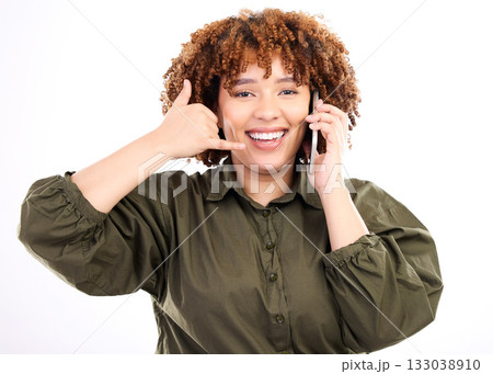Phone, portrait and call me hand gesture by woman happy for mobile communication by fun, excited and young female. Talking, conversation and person with service isolated in studio white background Phone, portrait and call me hand gesture by woman happy for mobile communication by fun, excited and young female. Talking, conversation and person with service isolated in studio white background 133038910