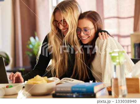 Studying, education and friends or women on laptop for assignment research, teamwork and learning love. Happy remote university students or college people on computer for knowledge and philosophy Studying, education and friends or women on laptop for assignment research, teamwork and learning love. Happy remote university students or college people on computer for knowledge and philosophy 133038940