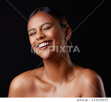 Cosmetics, funny and black woman with happiness, natural facial and cheerful on dark studio background. Skincare, African female and girl with dermatology, joyful and face with wellness and laugh Cosmetics, funny and black woman with happiness, natural facial and cheerful on dark studio background. Skincare, African female and girl with dermatology, joyful and face with wellness and laugh 133038955