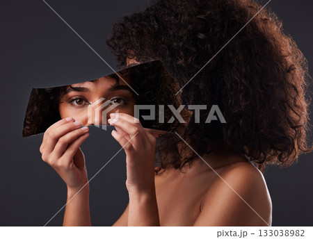 Woman, beauty and eyes with mirror and reflection, aesthetic with art and face on dark background. Creative, eye care and vision with optometry, dermatology and Mexican female hands with cosmetics Woman, beauty and eyes with mirror and reflection, aesthetic with art and face on dark background. Creative, eye care and vision with optometry, dermatology and Mexican female hands with cosmetics 133038982