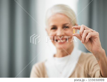 Pill, medicine and portrait of senior woman for pharmaceutical, medical product and retirement health. Happy elderly person hand holding tablet or supplement for healthy life and vitamins healthcare Pill, medicine and portrait of senior woman for pharmaceutical, medical product and retirement health. Happy elderly person hand holding tablet or supplement for healthy life and vitamins healthcare 133038999