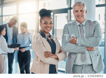 Business people, portrait smile and leadership with arms crossed for meeting, collaboration or teamwork at office. Happy corporate executive leaders smiling in company or team management at workplace 133039052