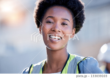 Portrait of engineering black woman or construction worker with career mindset, leadership and building development. Happy face of industry person, industrial contractor or builder in architecture Portrait of engineering black woman or construction worker with career mindset, leadership and building development. Happy face of industry person, industrial contractor or builder in architecture 133039103