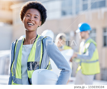Construction worker, black woman portrait or engineering contractor for career mindset, industry and building development. Happy face of industrial african, builder or young person in architecture Construction worker, black woman portrait or engineering contractor for career mindset, industry and building development. Happy face of industrial african, builder or young person in architecture 133039104