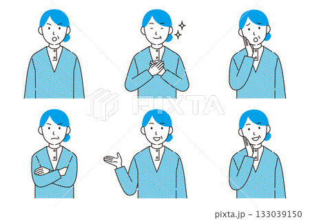 年配の女性が喜怒哀楽を表現するシンプルな線画イラスト 133039150