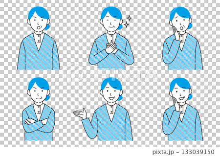 年配の女性が喜怒哀楽を表現するシンプルな線画イラスト 133039150