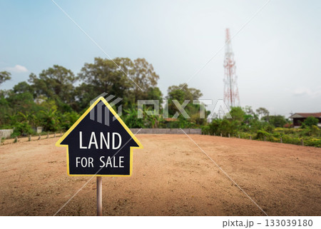 land for sale sign against trimmed lawn background. Empty dry cracked swamp reclamation soil, 133039180