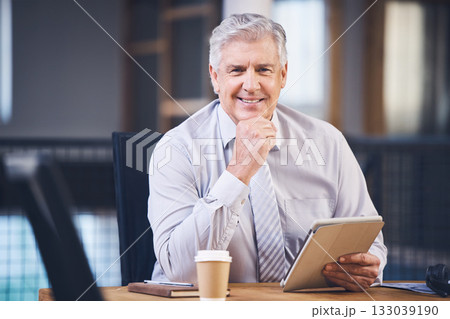 Elderly, business man and tablet in portrait with smile, analysis or planning at desk for networking. Senior stock broker, fintech and ceo with mobile touchscreen for vision, market strategy or email Elderly, business man and tablet in portrait with smile, analysis or planning at desk for networking. Senior stock broker, fintech and ceo with mobile touchscreen for vision, market strategy or email 133039190