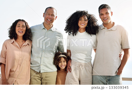 Family, travel and grandparents and parents with child on balcony for vacation, weekend and holiday. Travelling, smile and portrait of mother, father and girl enjoy freedom, adventure in summer Family, travel and grandparents and parents with child on balcony for vacation, weekend and holiday. Travelling, smile and portrait of mother, father and girl enjoy freedom, adventure in summer 133039345