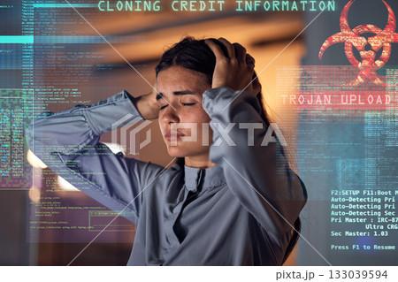 Hacker stress, coder overlay and cybersecurity problem graphic with a business woman with headache. Software glitch, ransomware server and burnout of a coding employee with anxiety and fear Hacker stress, coder overlay and cybersecurity problem graphic with a business woman with headache. Software glitch, ransomware server and burnout of a coding employee with anxiety and fear 133039594