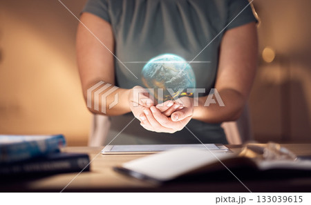 Globe hologram, international data and tablet with woman holding a digital earth illustration. Night, hands and website software of a corporate stock market employee with fintech network and web map Globe hologram, international data and tablet with woman holding a digital earth illustration. Night, hands and website software of a corporate stock market employee with fintech network and web map 133039615