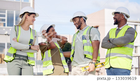 Construction, talking and employees in the city as a team, laughing and speaking about building. Diversity, arms crossed and contractors working together on renovation, infrastructure and engineering 133039619