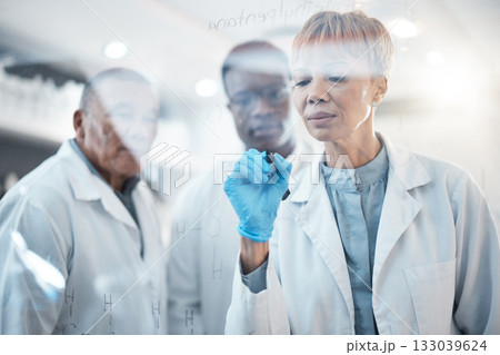 Planning, writing and scientists with a science strategy, healthcare research and brainstorming. Analytics, physics and doctors with a plan for forensic work, medical innovation and education in lab 133039624