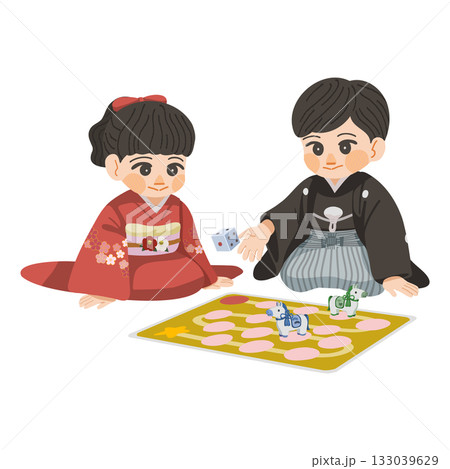 スゴロクで遊ぶ着物姿の男の子と女の子のイラスト 133039629