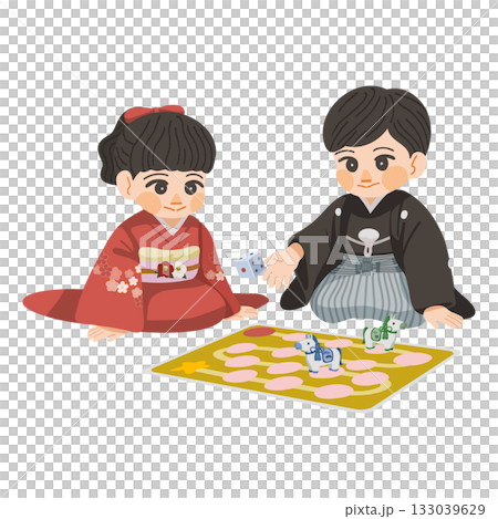 スゴロクで遊ぶ着物姿の男の子と女の子のイラスト 133039629