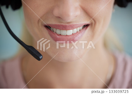 Closeup, mouth and woman with headset, call center and telemarketing for customer service, conversation and advice. Zoom, female agent and happy consultant with headphones, tech support and help desk 133039725