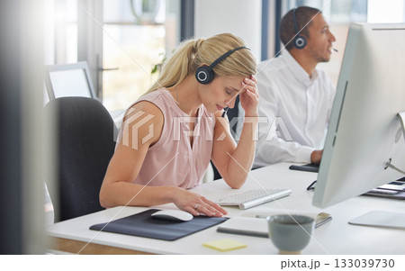 Headache, tired call center woman in stress, fatigue or depression problem at telemarketing sales career. Mental health risk, sad or depressed consultant, professional advisor or telecom agent person Headache, tired call center woman in stress, fatigue or depression problem at telemarketing sales career. Mental health risk, sad or depressed consultant, professional advisor or telecom agent person 133039730