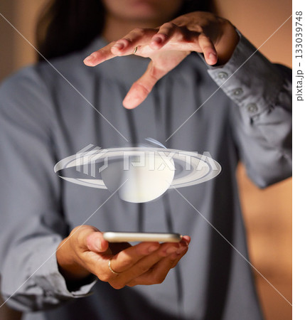 Saturn graphic, galaxy vr and futuristic planet hologram with a business woman and phone. Digital, globe 3d illustration and virtual holographic image of a employee holding a mobile showing universe 133039748
