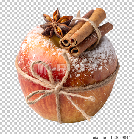 Decorated apple with powdered sugar and garnished with cinnamon sticks and star anise, rustic and natural christmas dessert or snack Decorated apple with powdered sugar and garnished with cinnamon sticks and star anise, rustic and natural christmas dessert or snack 133039844