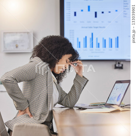 Back pain, business woman and headache of office employee feeling stress from web project. Work burnout, desk and African analytics worker working with anxiety in a company with a online deadline 133039901