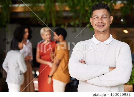 Portrait, smile and business man with arms crossed and pride for career or job. Ceo, professional mindset and happy, proud and confident male entrepreneur from Brazil in office workplace at night. 133039988