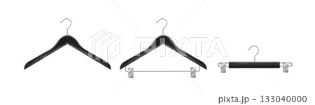 Clothes hanger isolated on white background. Wooden hanger Realistic vector clothes hanger wooden hanger closeup isolated on background. Design template, clipart or layout for graphics. Vector 133040000
