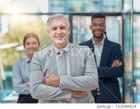 Leadership, team and portrait of business people with arms crossed, pride and unity at a company. Expert, solidarity and manager with employees, confidence and support at a corporate agency Leadership, team and portrait of business people with arms crossed, pride and unity at a company. Expert, solidarity and manager with employees, confidence and support at a corporate agency 133040024