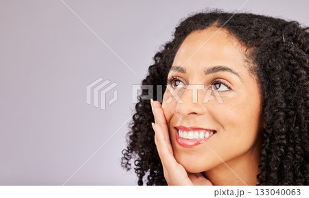 Black woman, salon beauty and mockup from skin glow and dermatology in a studio. Face, happiness and cosmetics of a young model with afro feeling happy from spa, facial and wellness treatment 133040063