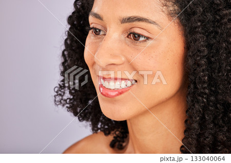 Black woman, face zoom and wellness from skin glow and dermatology in a studio. Profile, happiness and cosmetics of a young model with afro feeling happy from spa, facial and skincare treatment Black woman, face zoom and wellness from skin glow and dermatology in a studio. Profile, happiness and cosmetics of a young model with afro feeling happy from spa, facial and skincare treatment 133040064