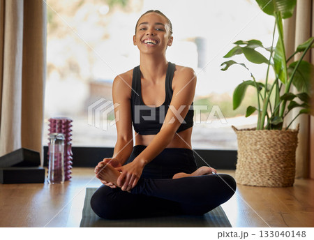 Woman, yoga and portrait smile on mat for zen workout, exercise or calm meditation and stretching at home. Happy and healthy female yogi smiling in joyful happiness for spiritual wellness or fitness 133040148