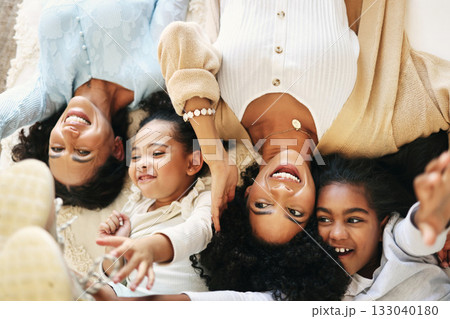Bed, top view and grandmother, mom and children smile for bonding, quality time and love in bedroom. Big family, happy and portrait of grandma, mother and girls in bedroom relaxing together at home Bed, top view and grandmother, mom and children smile for bonding, quality time and love in bedroom. Big family, happy and portrait of grandma, mother and girls in bedroom relaxing together at home 133040180