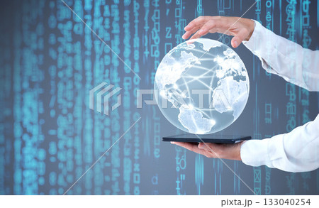 Hands, tablet and 3D globe hologram in double exposure for global communication, futuristic or digital technology. Hand holding virtual world on touchscreen in networking on social platform overlay Hands, tablet and 3D globe hologram in double exposure for global communication, futuristic or digital technology. Hand holding virtual world on touchscreen in networking on social platform overlay 133040254