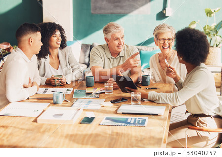 Business people, meeting and planning with comic laughing with diversity, teamwork or brainstorming. Startup, team building and funny group with strategy, solidarity or vision for man, women and goal Business people, meeting and planning with comic laughing with diversity, teamwork or brainstorming. Startup, team building and funny group with strategy, solidarity or vision for man, women and goal 133040257