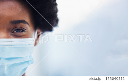 Black woman in face mask, healthcare and covid with portrait, mockup space and medical compliance for safety. Health insurance, virus and ppe, cropped and pandemic with professional in medicine 133040311