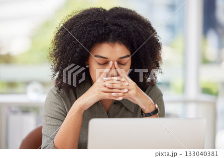 Work stress, headache and black woman worker with office burnout at computer with sinus issue. Laptop 404 glitch, accountant order problem and tax project anxiety of a employee feeling fatigue 133040381