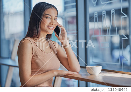 Woman, student and coffee shop portrait with phone call, smile and digital communication for date. Young gen z girl, smartphone conversation and excited face in cafe with happiness, relax and freedom Woman, student and coffee shop portrait with phone call, smile and digital communication for date. Young gen z girl, smartphone conversation and excited face in cafe with happiness, relax and freedom 133040443