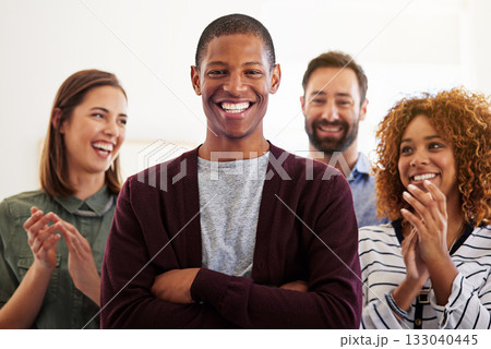 Success, applause and portrait of black man in office for celebration, teamwork and achievement. Support, happy and smile with business people for motivation, appreciation and winner in startup 133040445