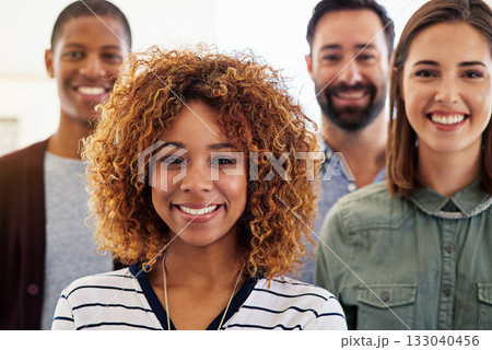 Portrait, collaboration or leadership with a manager black woman standing with her team at the office. Management, teamwork or business with a leader female and colleague group together at work 133040456