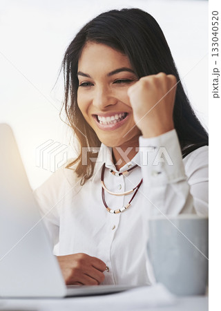 Winning, laptop and business woman with fist pump for online success, stock market trading and target celebration. Winner, yes and excited professional person on email promotion, lottery or good news Winning, laptop and business woman with fist pump for online success, stock market trading and target celebration. Winner, yes and excited professional person on email promotion, lottery or good news 133040520