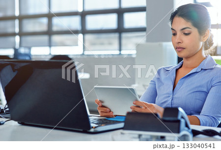 Administration office, tablet and woman focus on reading financial savings, digital finance budget or accounting review. Company database, data analysis and business accountant working on statistics 133040541