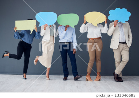 Business people, social media and speech bubble for advertising, message or space on wall background. Mockup, poster and group with banner, billboard or copy space for announcement together on a room Business people, social media and speech bubble for advertising, message or space on wall background. Mockup, poster and group with banner, billboard or copy space for announcement together on a room 133040695